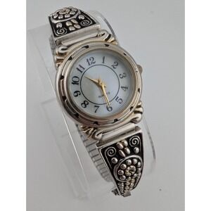 Women's Quartz Watch 26mm Case MOP Dial Silver Stretch Band- New Battery
